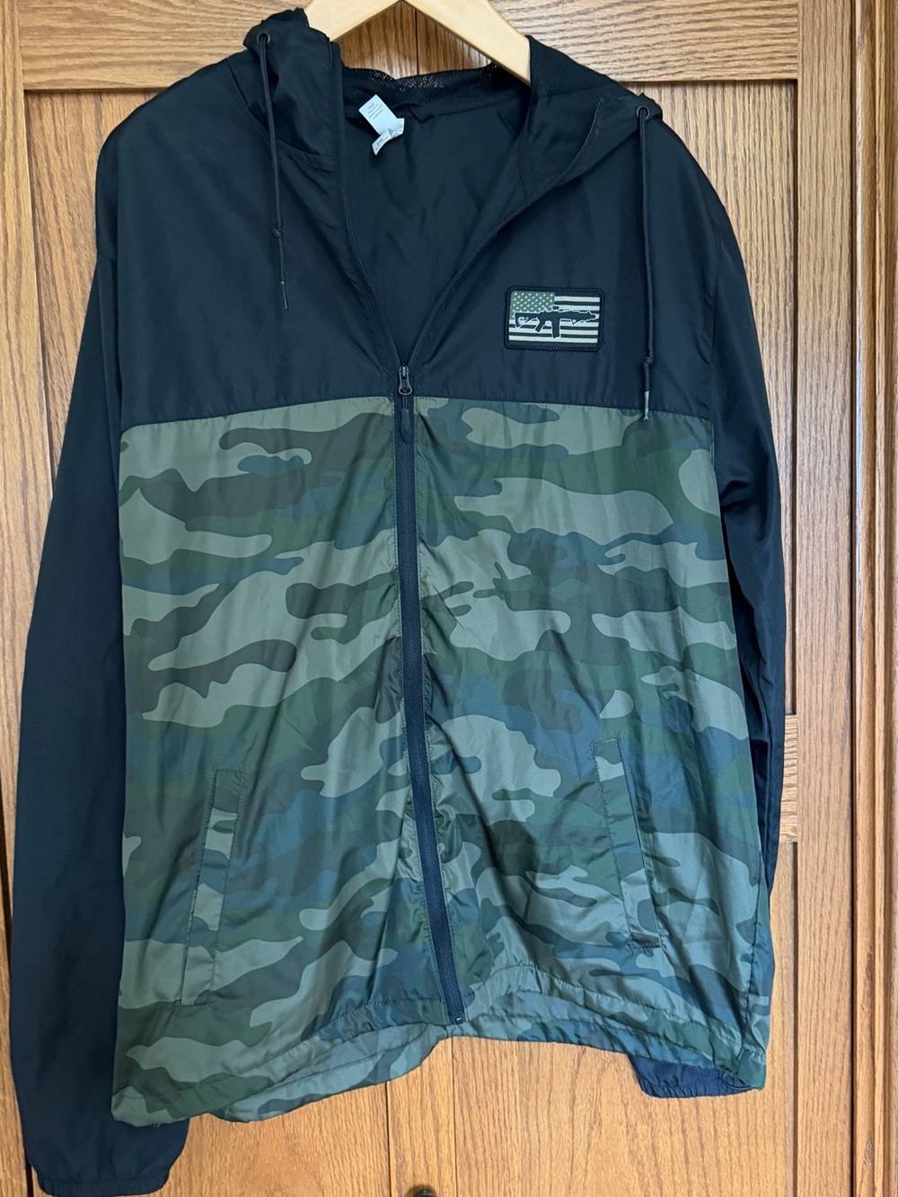 Men's Black & Green Camo Hooded Windbreaker Jacket